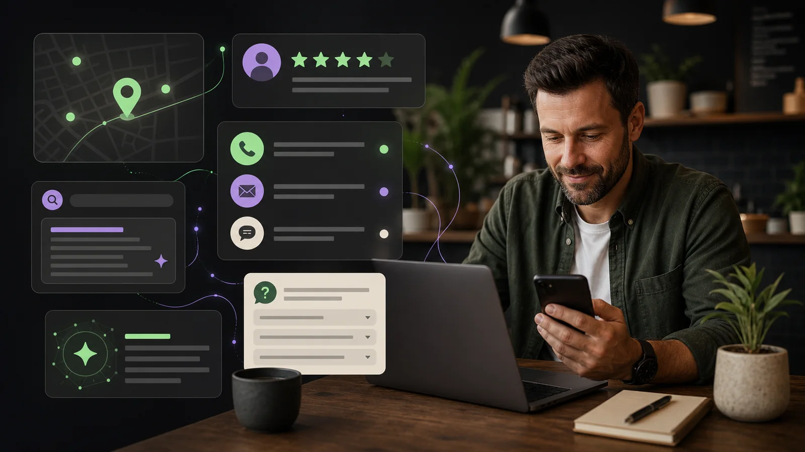 Small business owner reviewing local search, review, FAQ, and enquiry signals on digital devices.