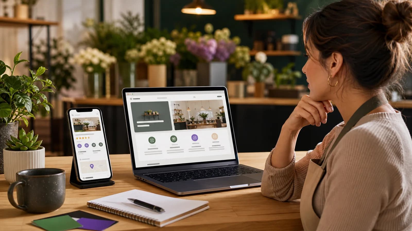 Small business owner reviewing a local profile and website preview on a phone and laptop.