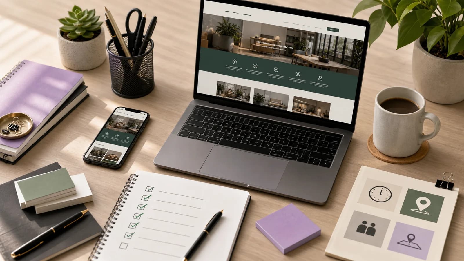 Small business website checklist beside a laptop and phone showing responsive website previews.